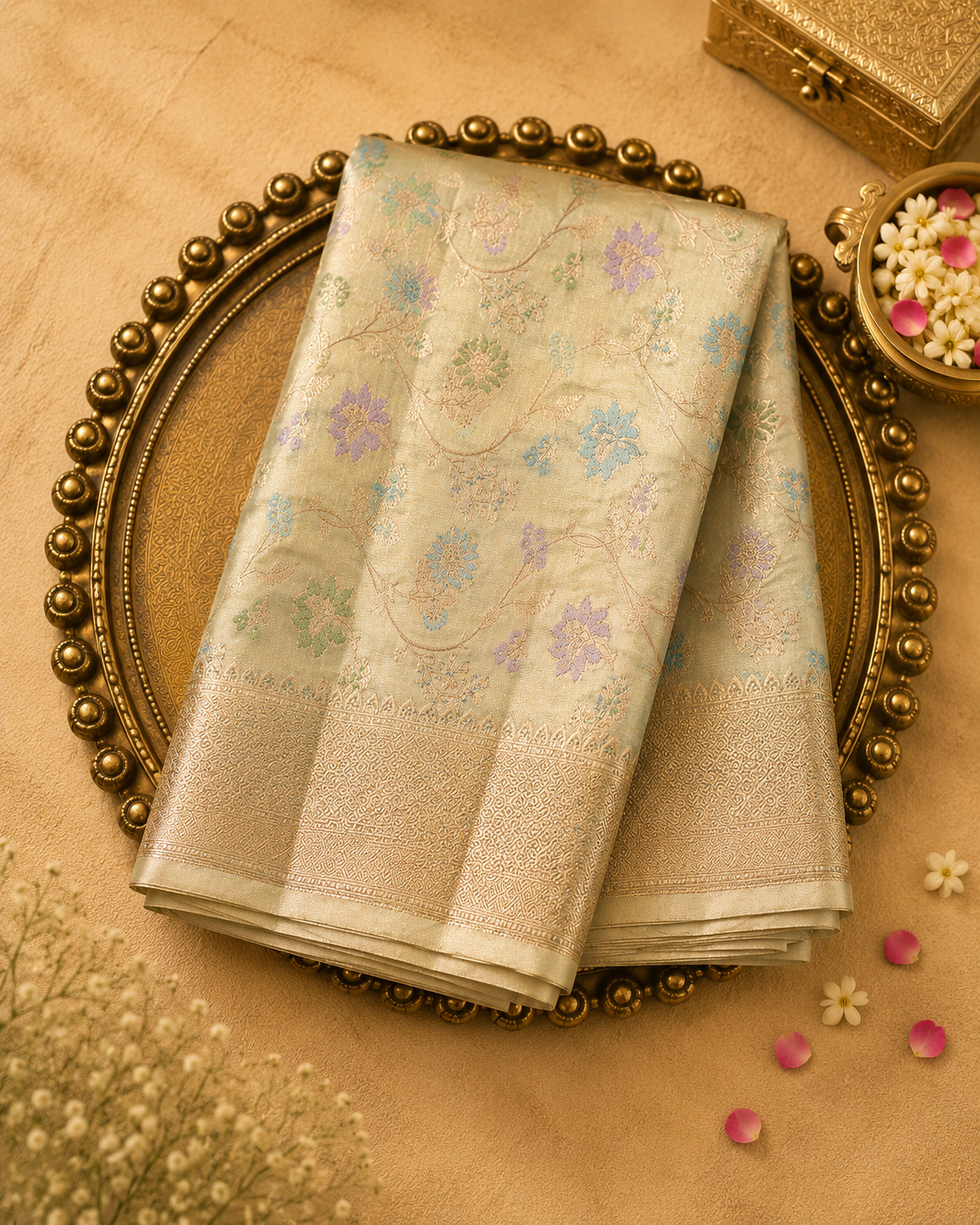 Pastel Cream Banarasi Silk Saree with Floral Zari & Gold Border