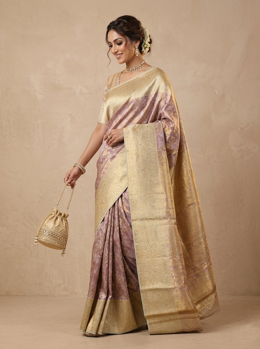 Light Purple Pure Kanjivaram Tissue Silk Saree - side standing