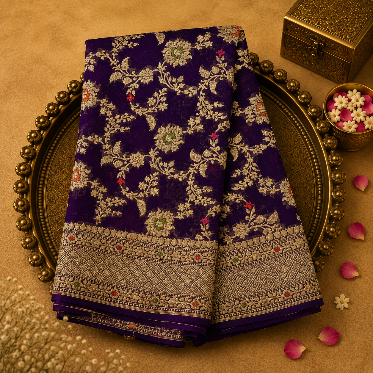Bright Purple Pure Banarasi Georgette Saree with Floral Zari, Gold Border & Purple Blouse
