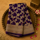 Bright Purple Pure Banarasi Georgette Saree with Floral Zari, Gold Border & Purple Blouse