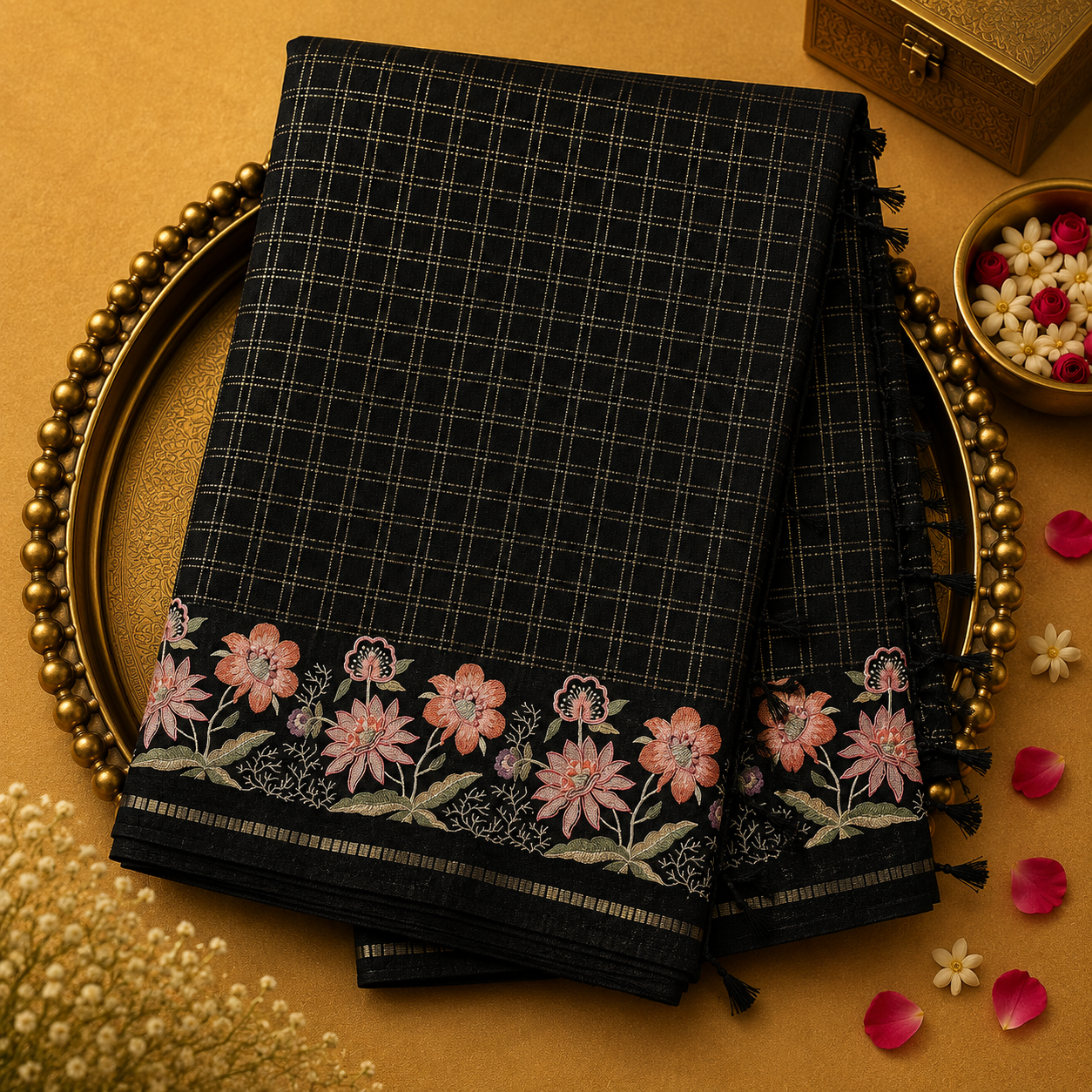 Black Semi Tussar Silk Saree with Gold Zari Checks & Floral Embroidery Border