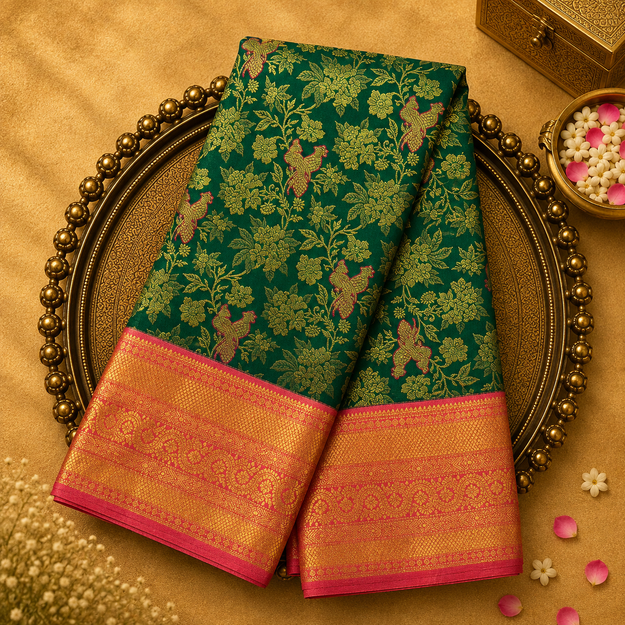 Dark Green Kanjeevaram Silk Saree with Floral Brocade & Peach-Gold Border