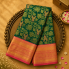 Dark Green Kanjeevaram Silk Saree with Floral Brocade & Peach-Gold Border