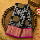 Black Pure Silk Saree with Gold Zari Buttas & Pink-Gold Border