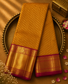 Mustard Yellow Pure Kanjeevaram Silk Saree with Gold Buttas & Red-Gold Border