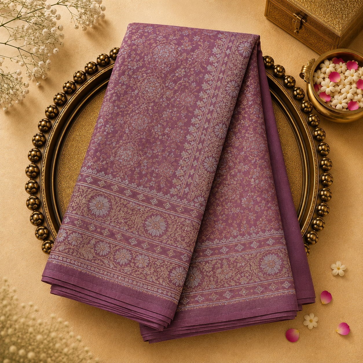 Dusky Pink Semi Banarasi Silk Saree with Gold-Silver Brocade & Floral Border