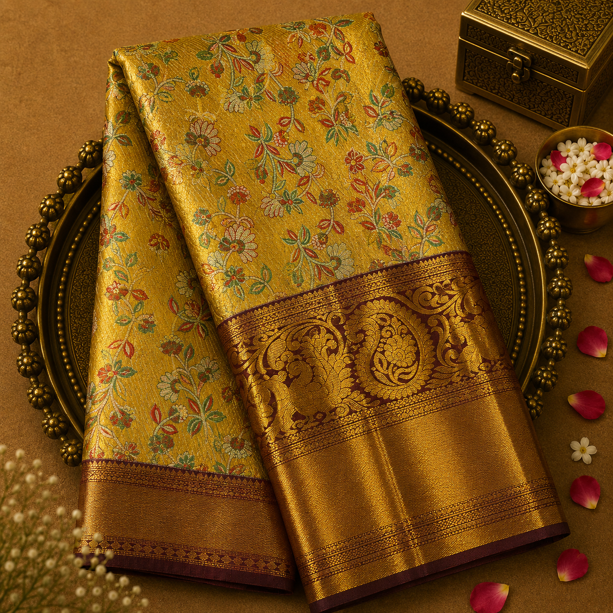 Golden Yellow Kanjeevaram Tissue Silk Saree with Floral Weave, Maroon Peacock Border & Red Blouse