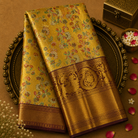 Golden Yellow Kanjeevaram Tissue Silk Saree with Floral Weave, Maroon Peacock Border & Red Blouse
