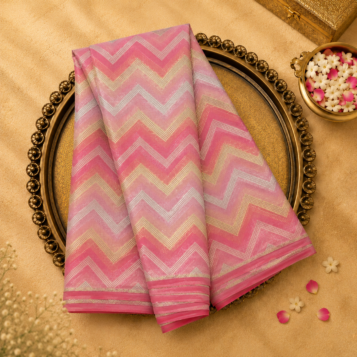 Pink Tussar Silk Saree with Gold Zari Zigzag Weave