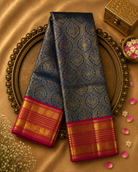Blue-Peacock Green Kanjeevaram Silk Saree with Gold Zari Weave & Pink-Gold Border