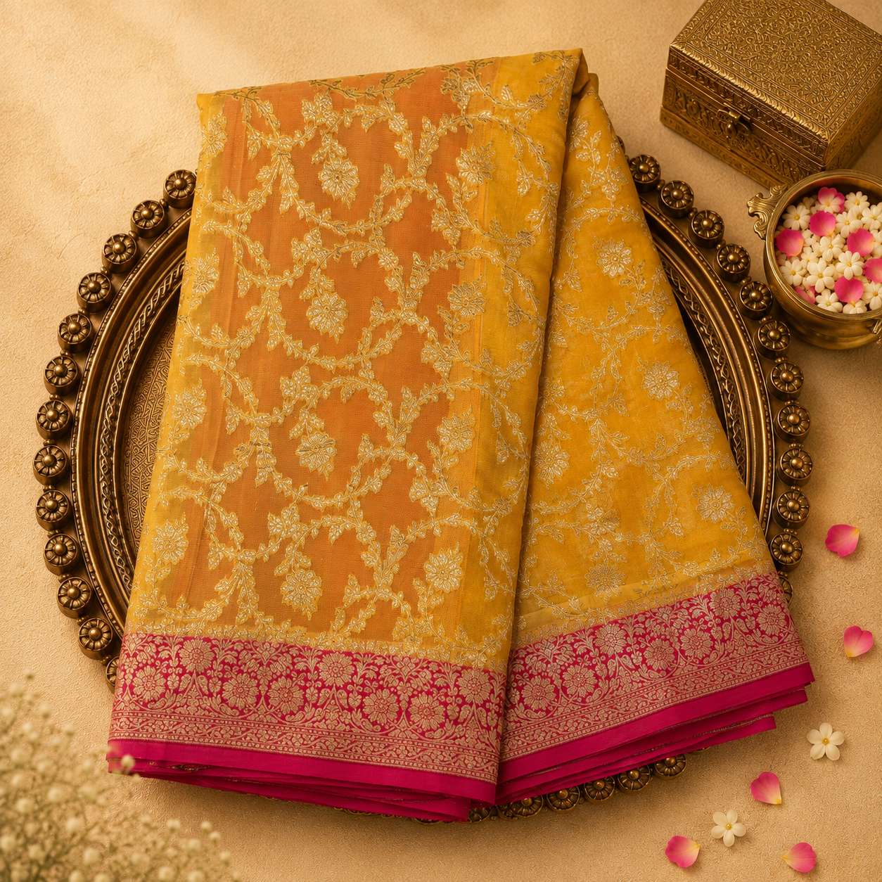 Bright Yellow Ure Banarasi Georgette Silk Saree with Gold Floral Zari & Floral Border