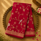 Bright Red Banarasi Silk Saree with Floral-Bird Zari Weave & Gold Border