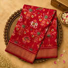 Bright Red Pure Ikat Saree with Elephant Weave & Gold Zari Border