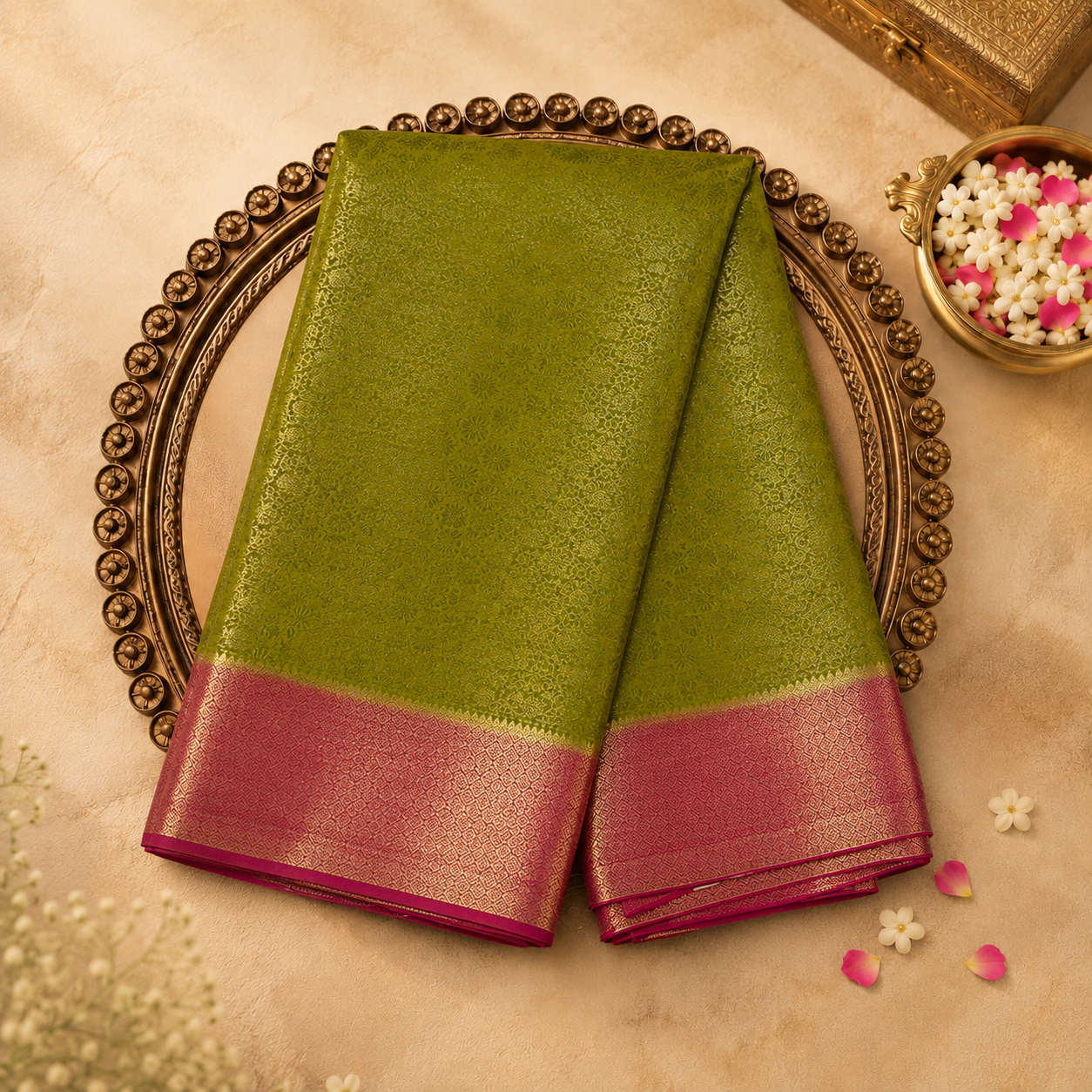Mehendi Green Semi Crepe Silk Saree with Gold Zari Weave, Pink-Gold Border & Pink Blouse