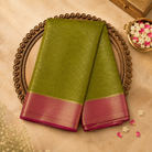 Mehendi Green Semi Crepe Silk Saree with Gold Zari Weave, Pink-Gold Border & Pink Blouse