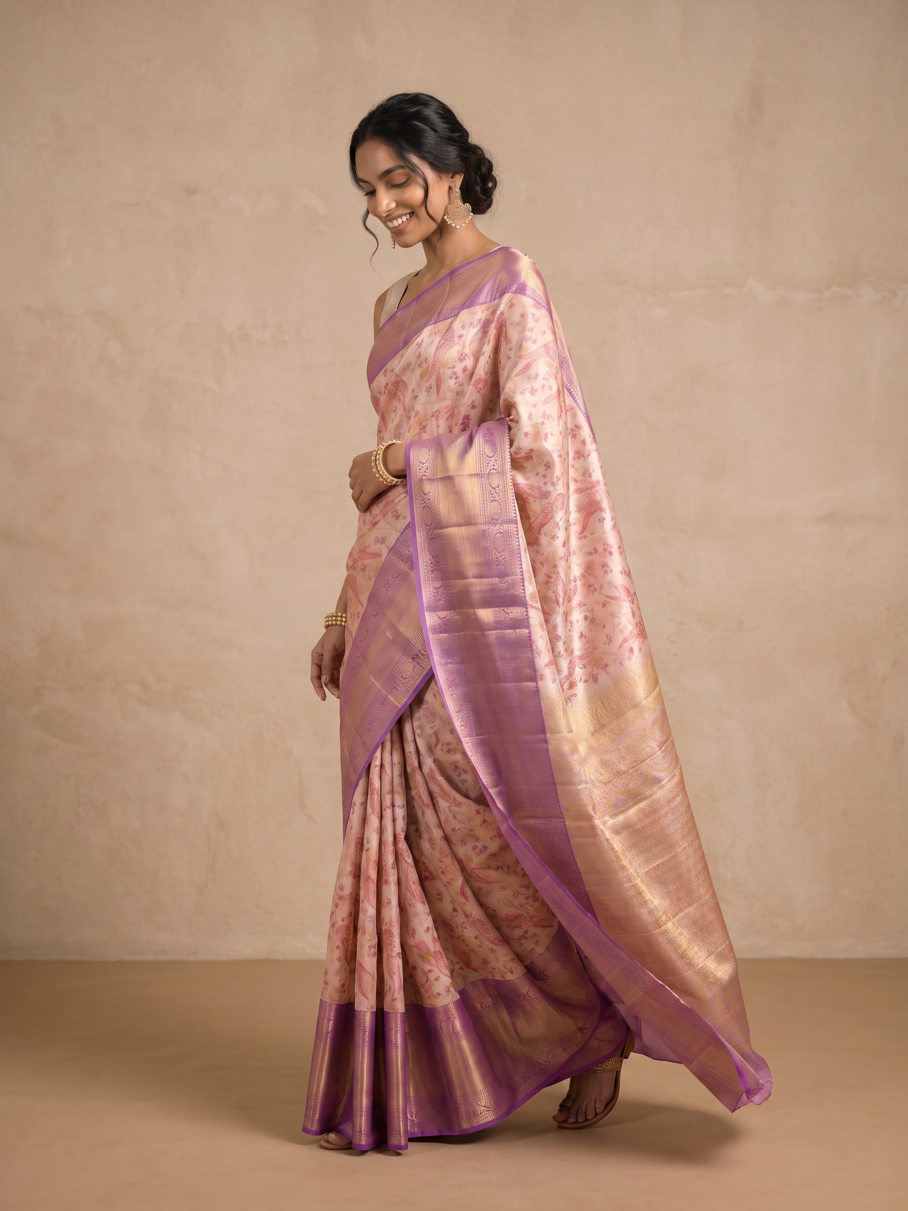 Ivory Pure Kanjivaram Tissue Silk Saree - side standing