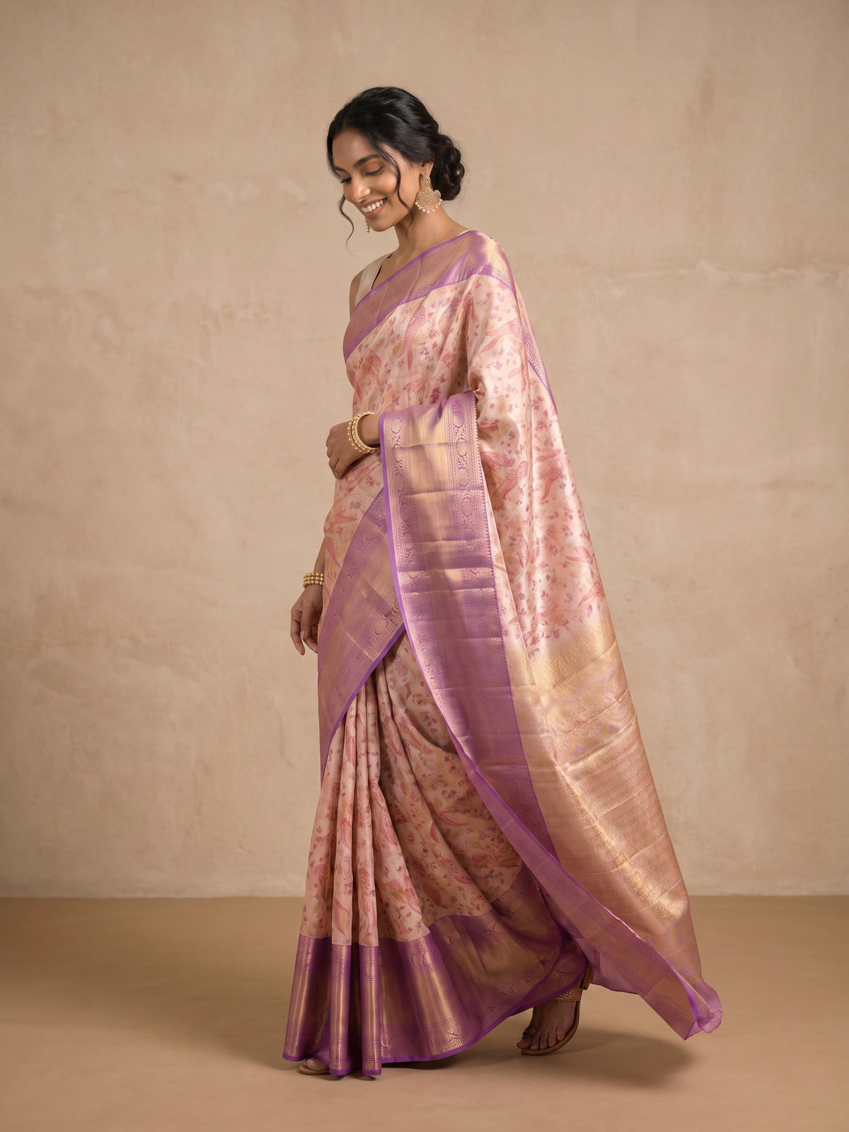 Ivory Pure Kanjivaram Tissue Silk Saree - side standing
