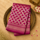 Dark Pink Banarasi Silk Saree with Geometric Pattern & Pink-Gold Border