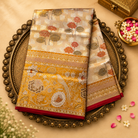 Half White-Gold Tissue Silk Saree with Floral Motifs & Gold Floral Border