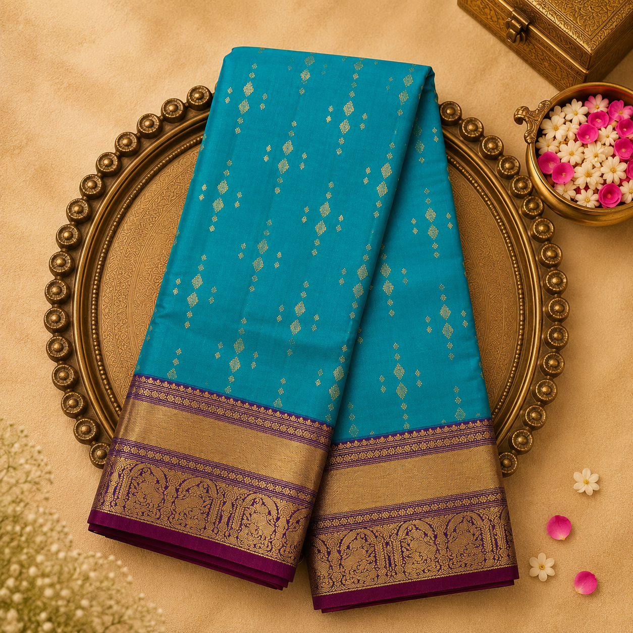 Blue Silk Saree with Gold Zari Buttas & Purple-Gold Border