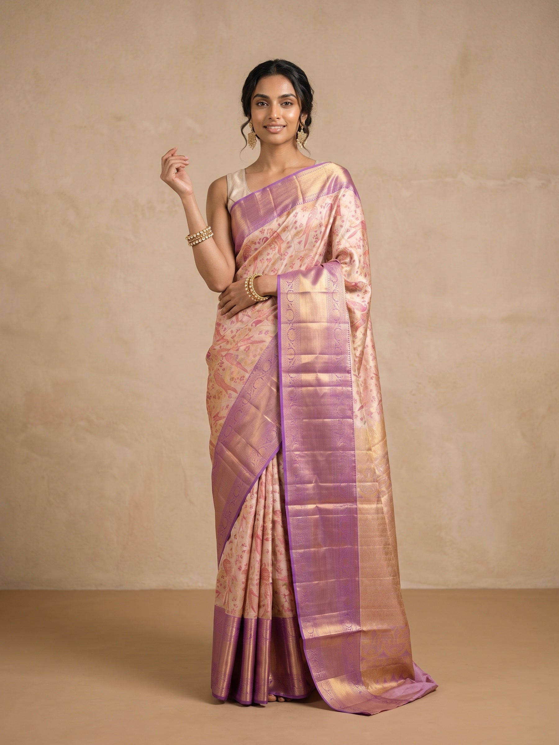 Ivory Pure Kanjivaram Tissue Silk Saree - front standing