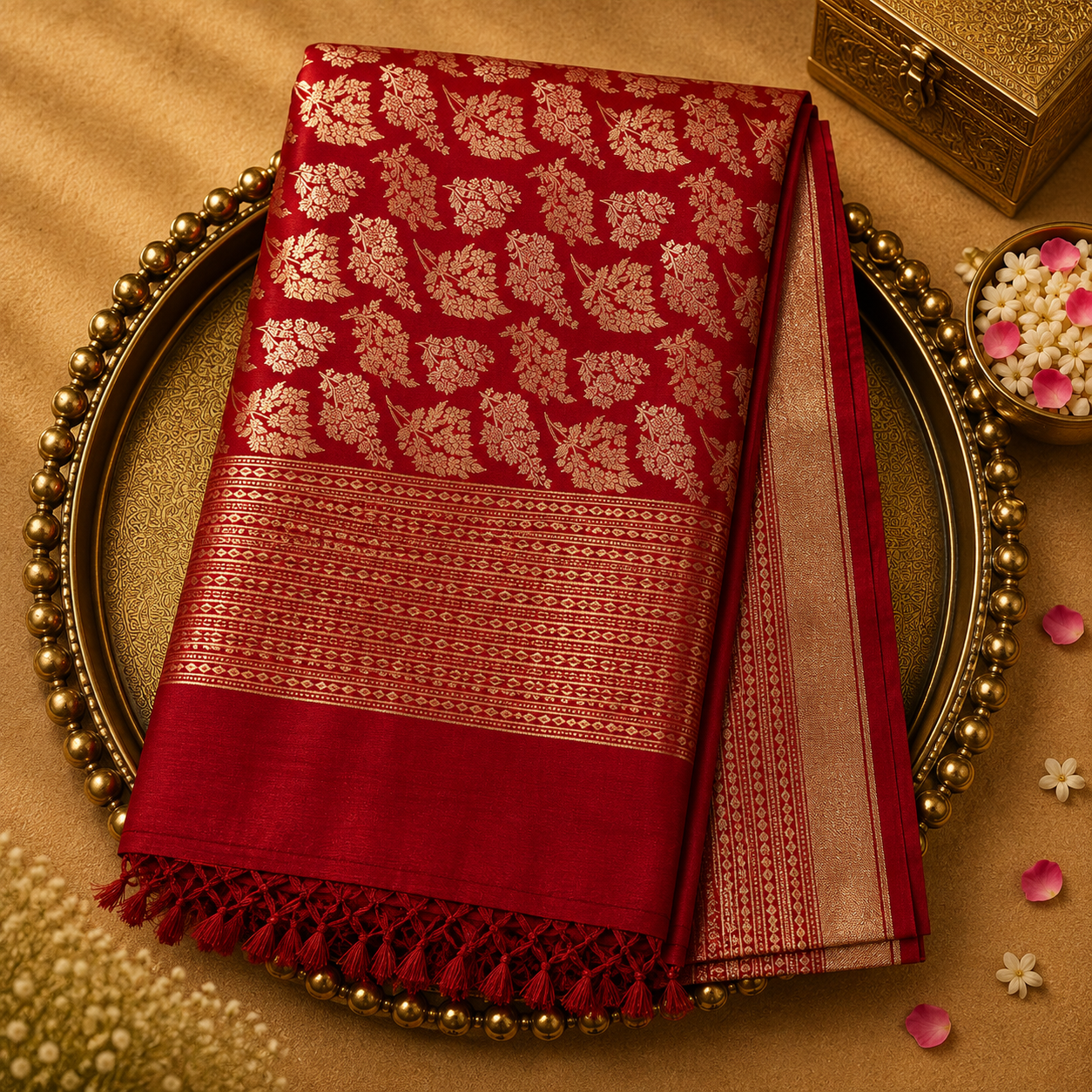 Bright Red Organza Saree with Gold Zari Weave & Red-Gold Border