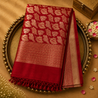 Bright Red Organza Saree with Gold Zari Weave & Red-Gold Border