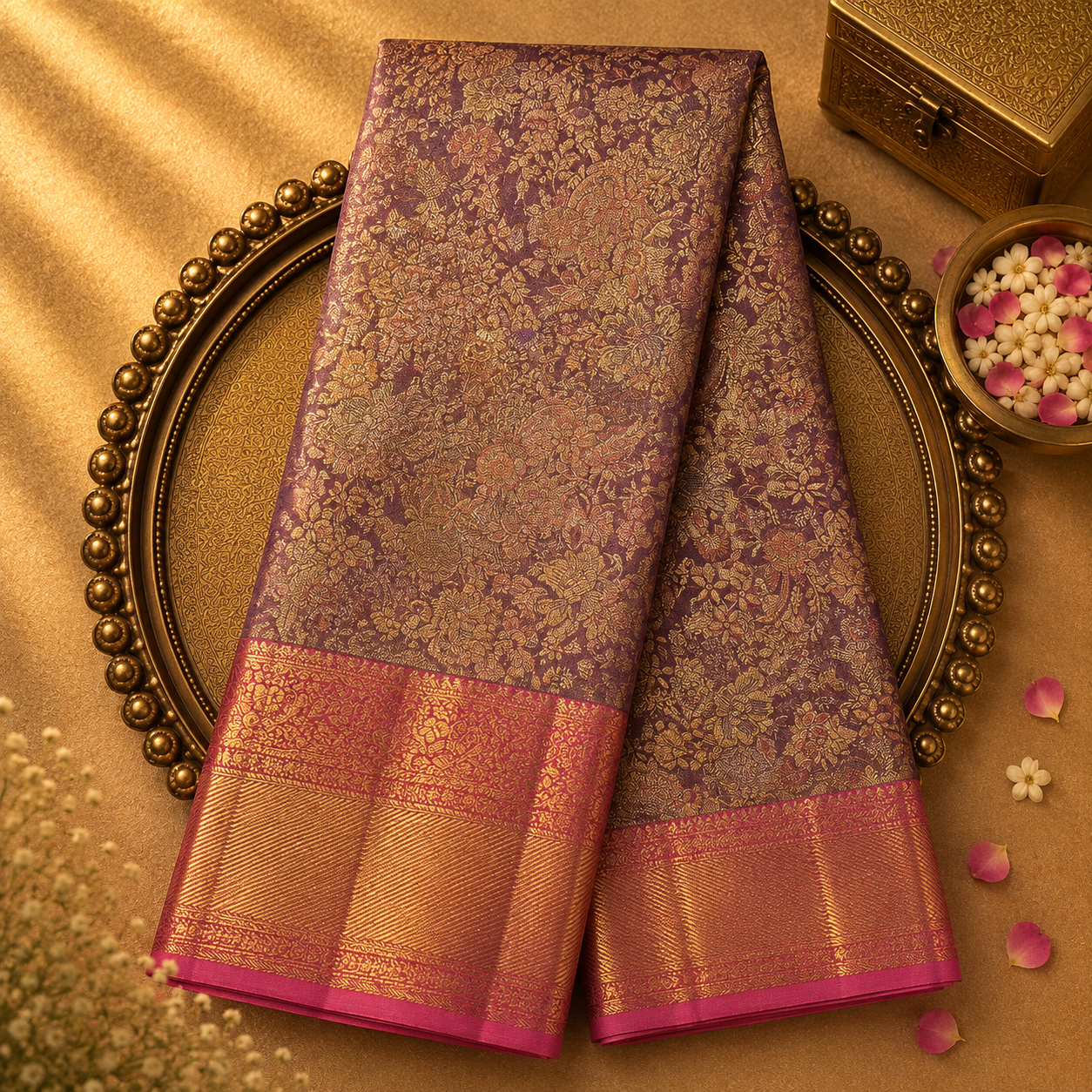 Dusky Lavender Pure Kanjeevaram Tissue Silk Saree with Gold Zari & Peach-Gold Border