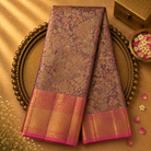 Dusky Lavender Pure Kanjeevaram Tissue Silk Saree with Gold Zari & Peach-Gold Border