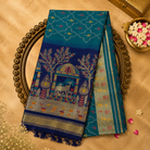 Blue Semi Tussar Silk Saree with Ikat Weave, Gold Zari Border & Royal Blue Pallu