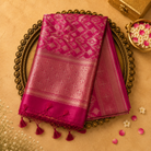 Bright Pink Pure Banarasi Organza Kora Saree with Designer Zari Weave and Zari Border