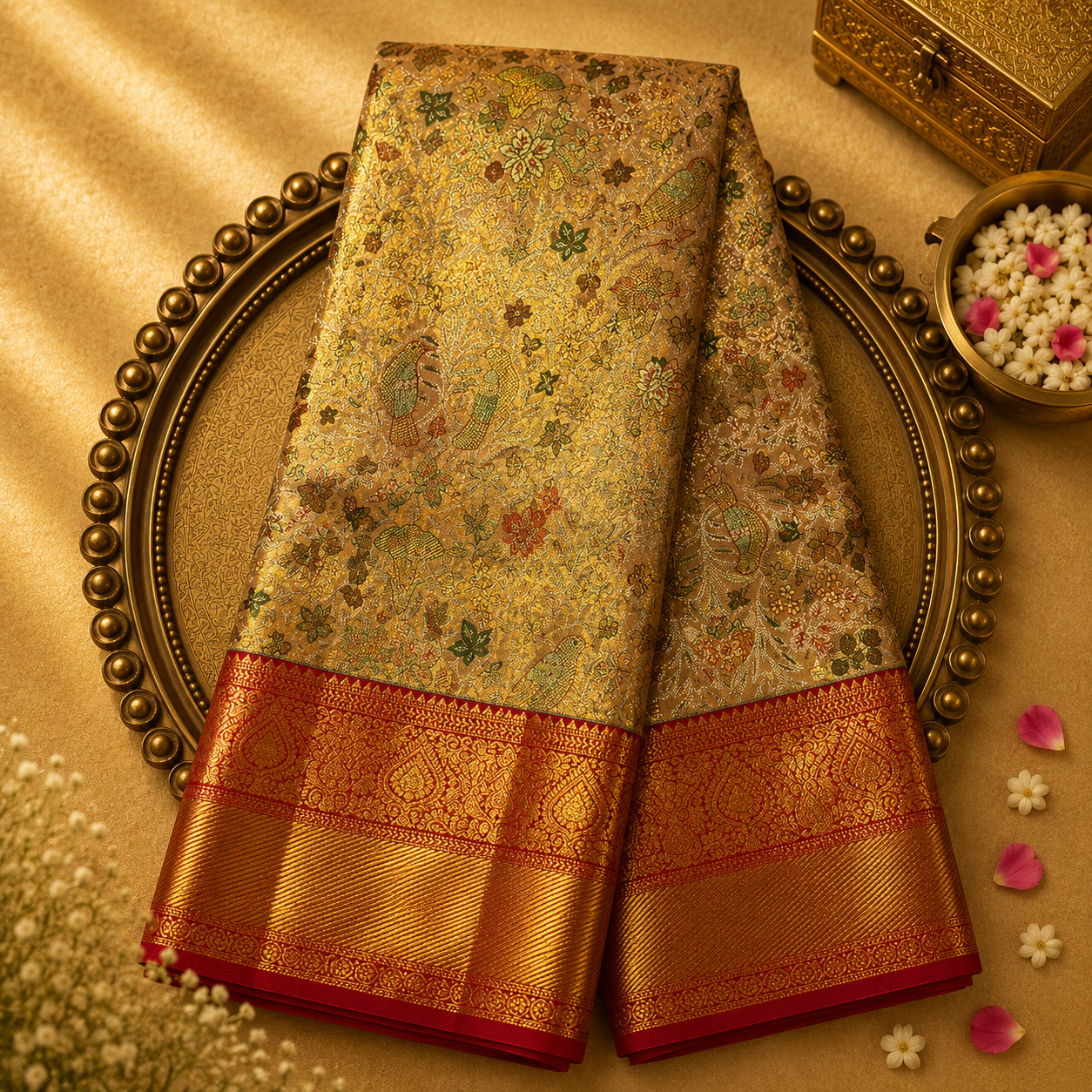 Gold Pure Kanjivaram Tissue Silk Saree with Gold Weave & Red-Gold Border