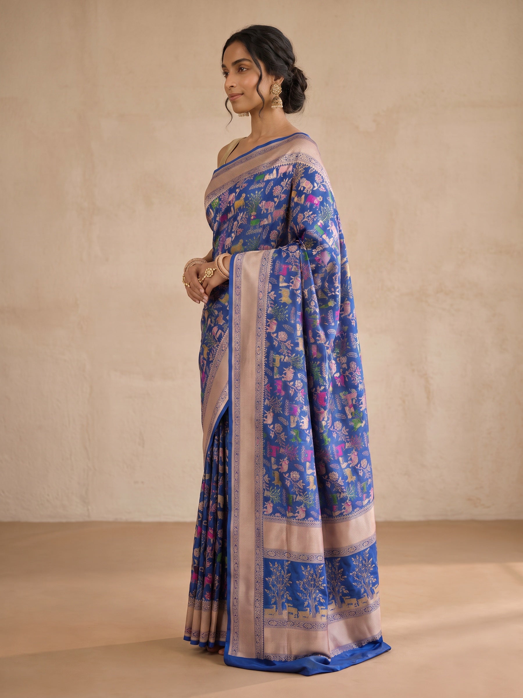 Royal Blue Patola Silk Saree - side standing