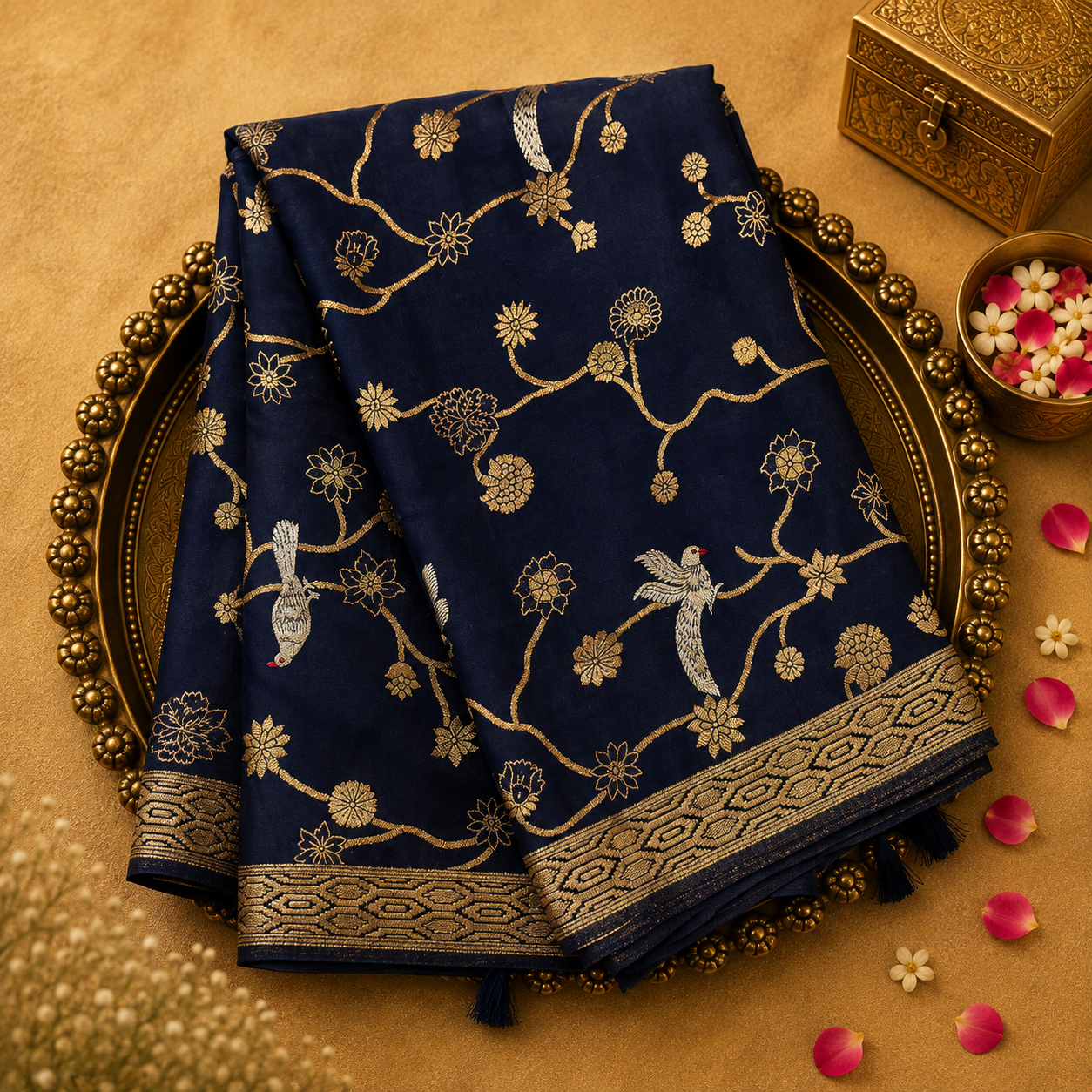 Dark Blue Satin Crepe Silk Saree with Floral-Bird Zari & Gold Border