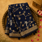 Dark Blue Satin Crepe Silk Saree with Floral-Bird Zari & Gold Border