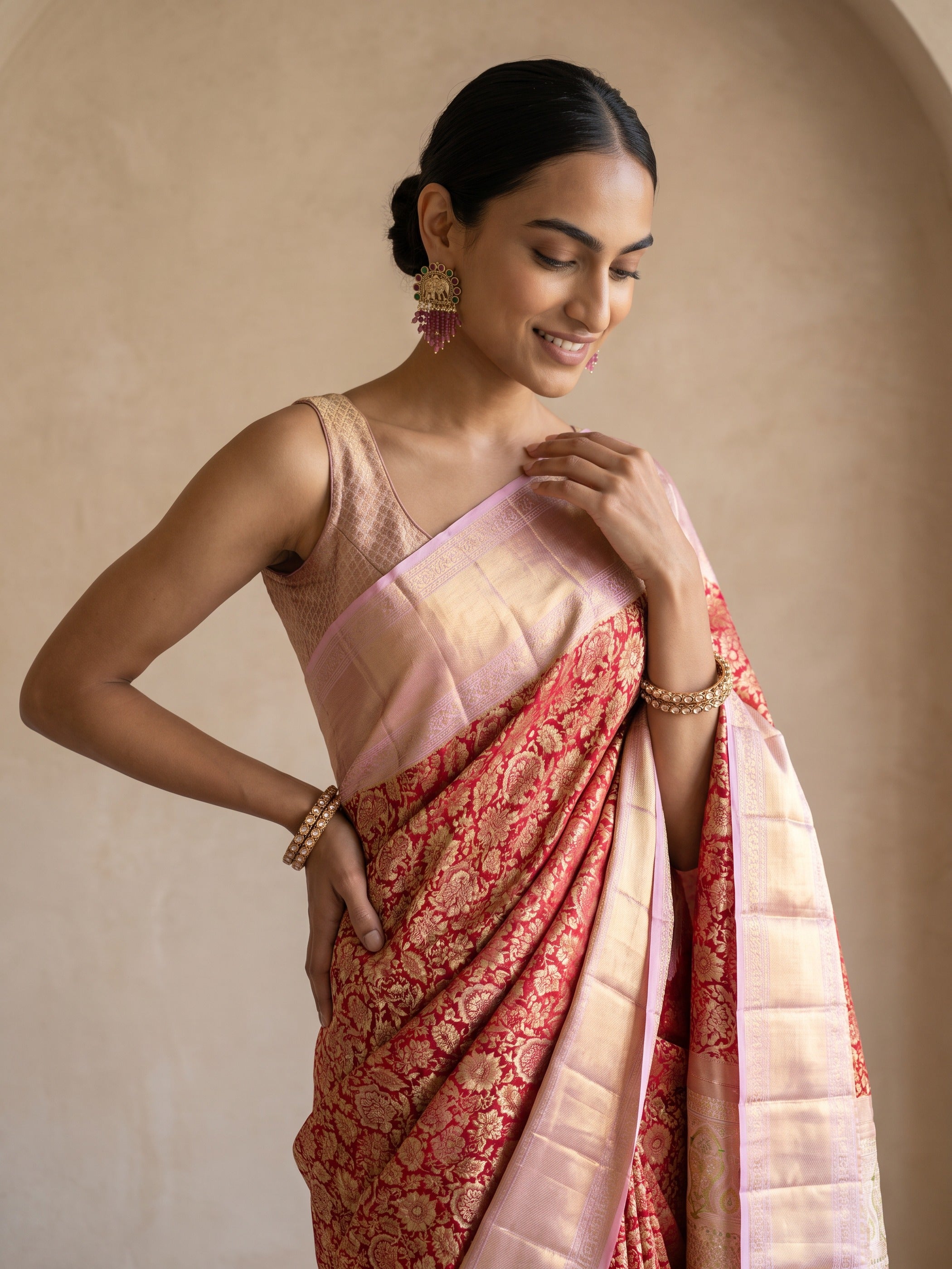 Red Pure Kanjivaram Tissue Silk Saree - portrait