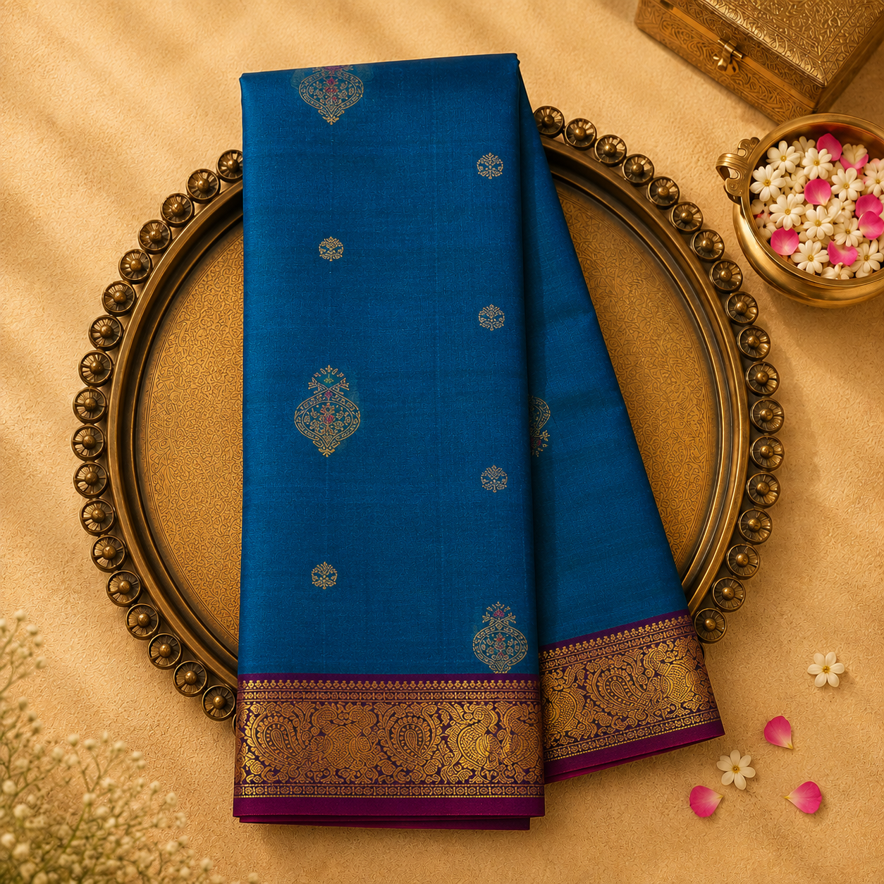 Peacock Blue Kanjeevaram Silk Saree with Gold Buttas & Magenta-Gold Border