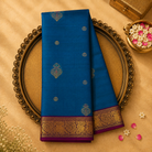 Peacock Blue Kanjeevaram Silk Saree with Gold Buttas & Magenta-Gold Border