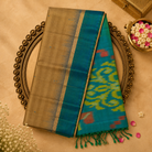 Golden Beige Pure Soft Silk Saree with Zari Motifs, Teal Ikat Pallu & Blouse