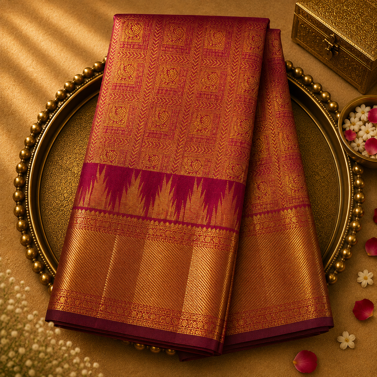 Bright Red Pure Kanjeevaram Silk Saree with Checks & Gold Temple Border