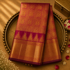 Bright Red Pure Kanjeevaram Silk Saree with Checks & Gold Temple Border