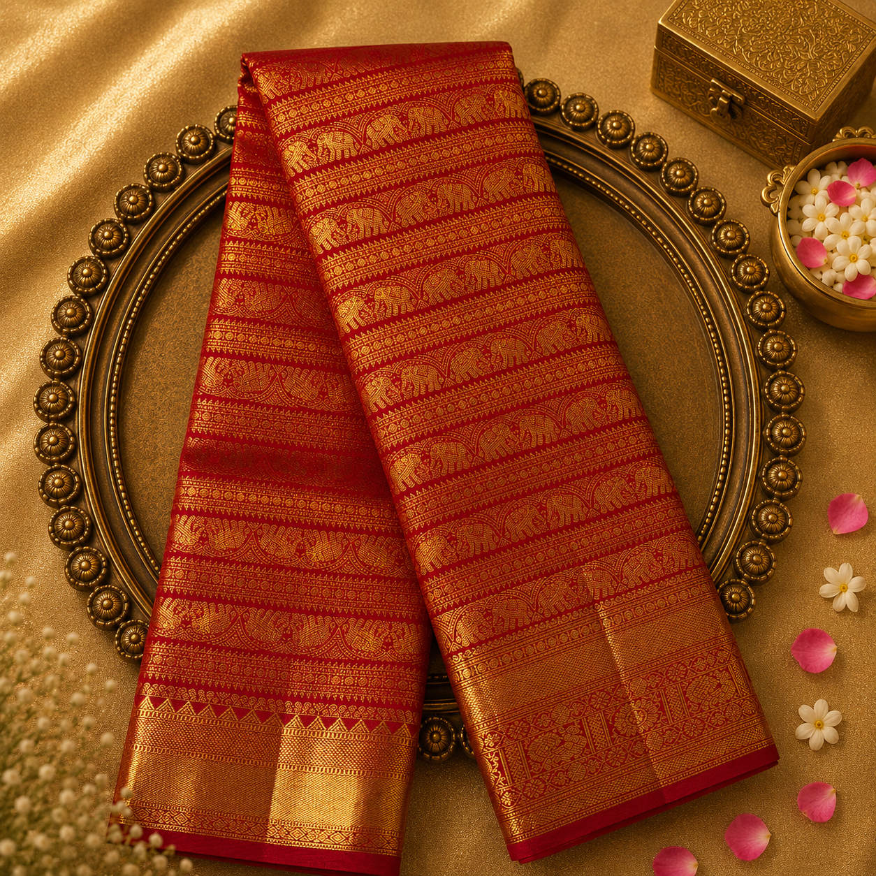 Bright Red Kanjeevaram Silk Saree with Gold Zari Weave & Zari Border