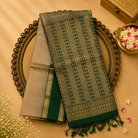 Cream Soft Silk Saree with Gold Zari Checks, Green Border & Pallu