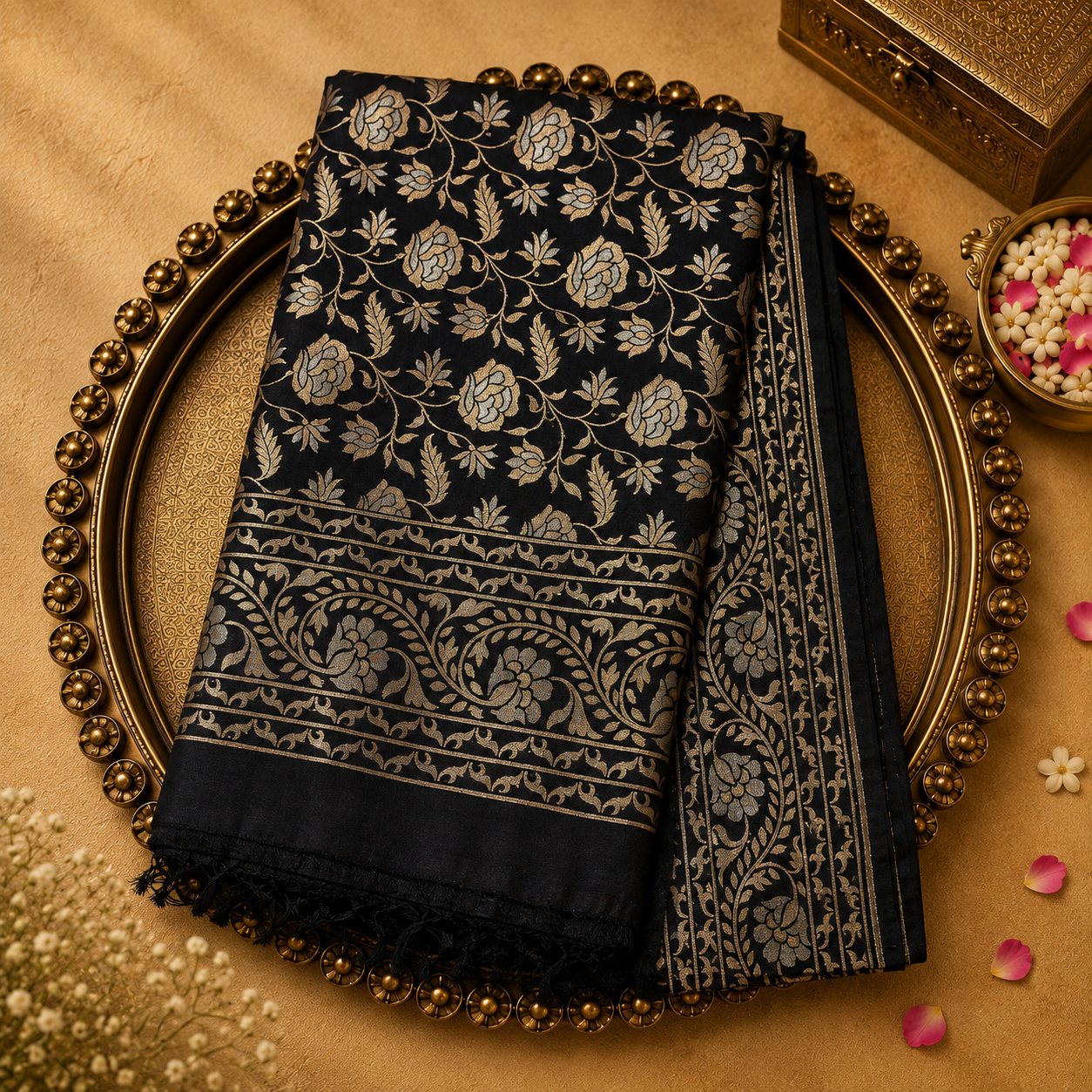 Black Kora Banarasi  Silk Saree with Gold Floral Brocade & Zari Border