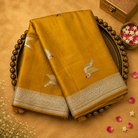 Yellow Satin Crepe Silk Saree with Gold Bird Motifs & Zari Border