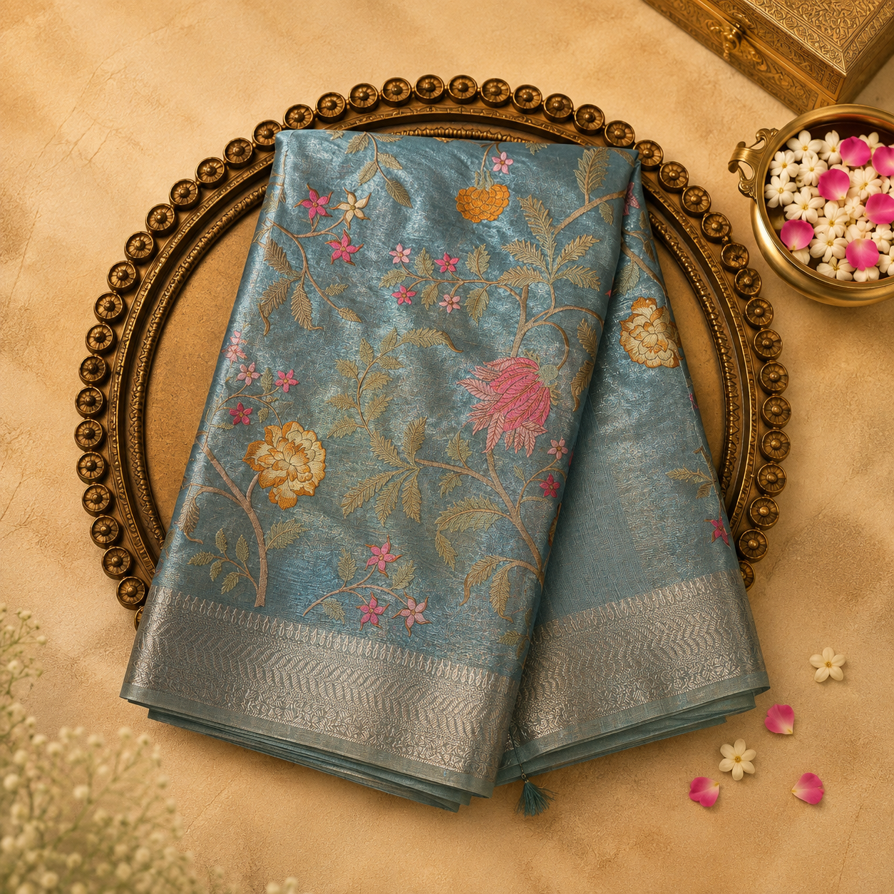 Light Blue Kota Cotton Saree with Floral Embroidery, Gold Zari Border & Running Blouse