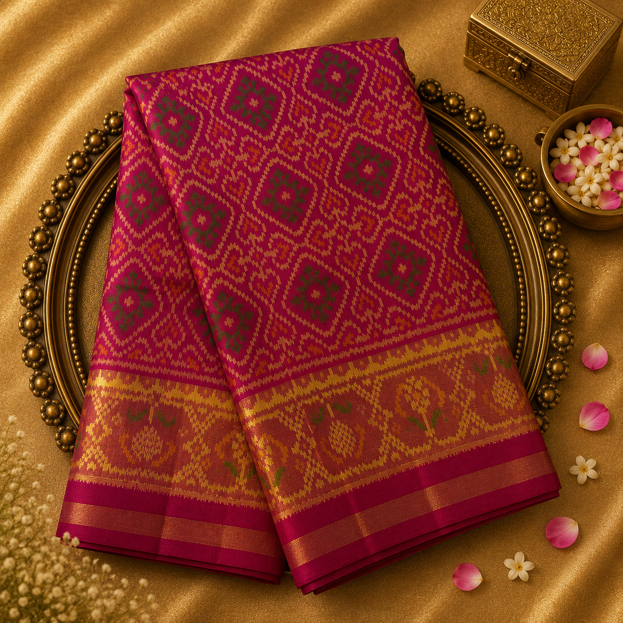 Pink Pure Ikat Silk Saree with Yellow Border & Pink Ikat Blouse