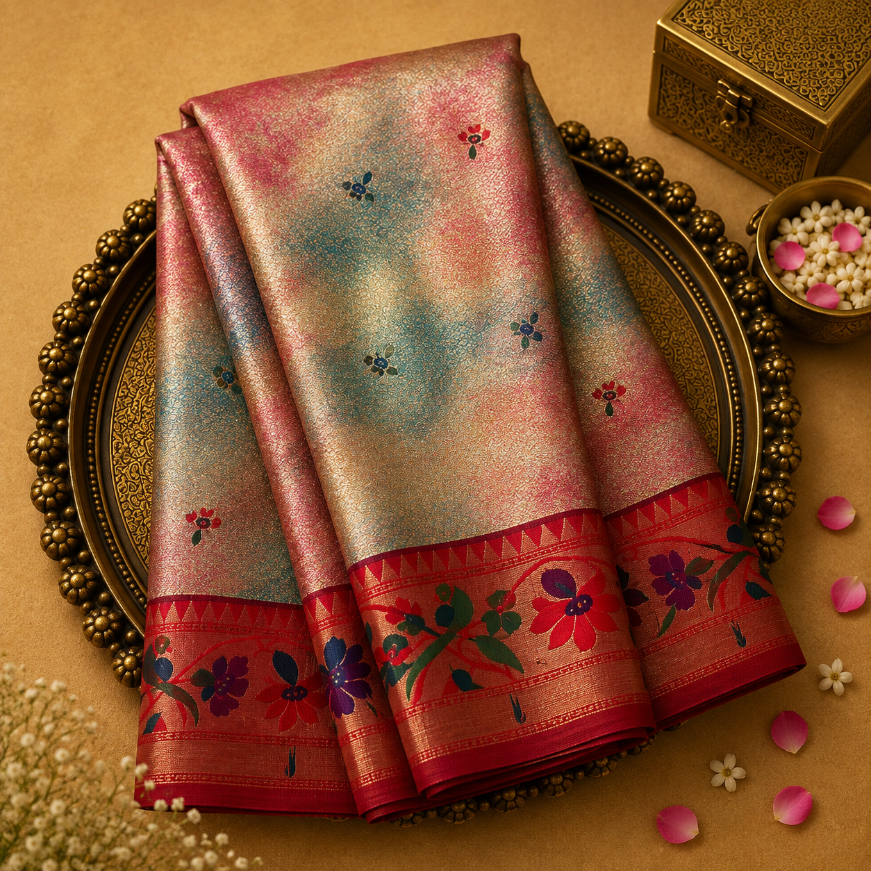 Multicolor Semi Silk Saree with Floral Motifs, Red Paithani Border & Red Zari Blouse