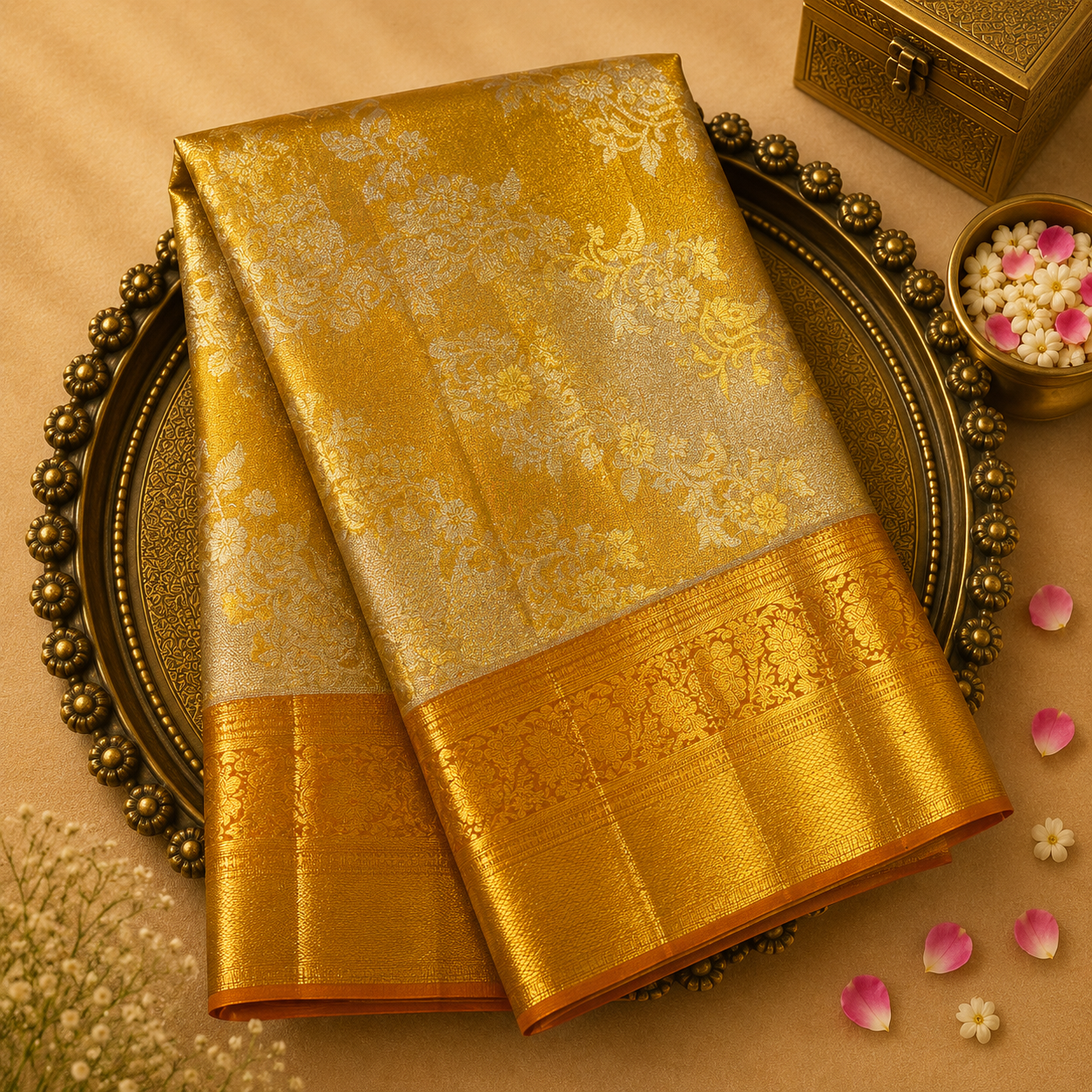 Yellow Pure Kanjeevaram Tissue Silk Saree with Diagonal Floral Zari