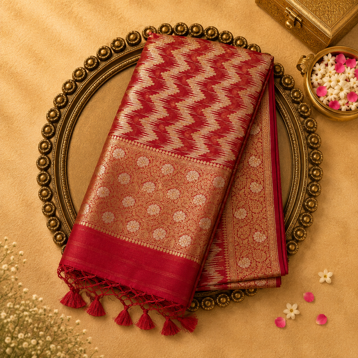 Orange Dual Tone Banarasi Organza Kora Saree with Zigzag Zari, Floral Border & Zari Blouse